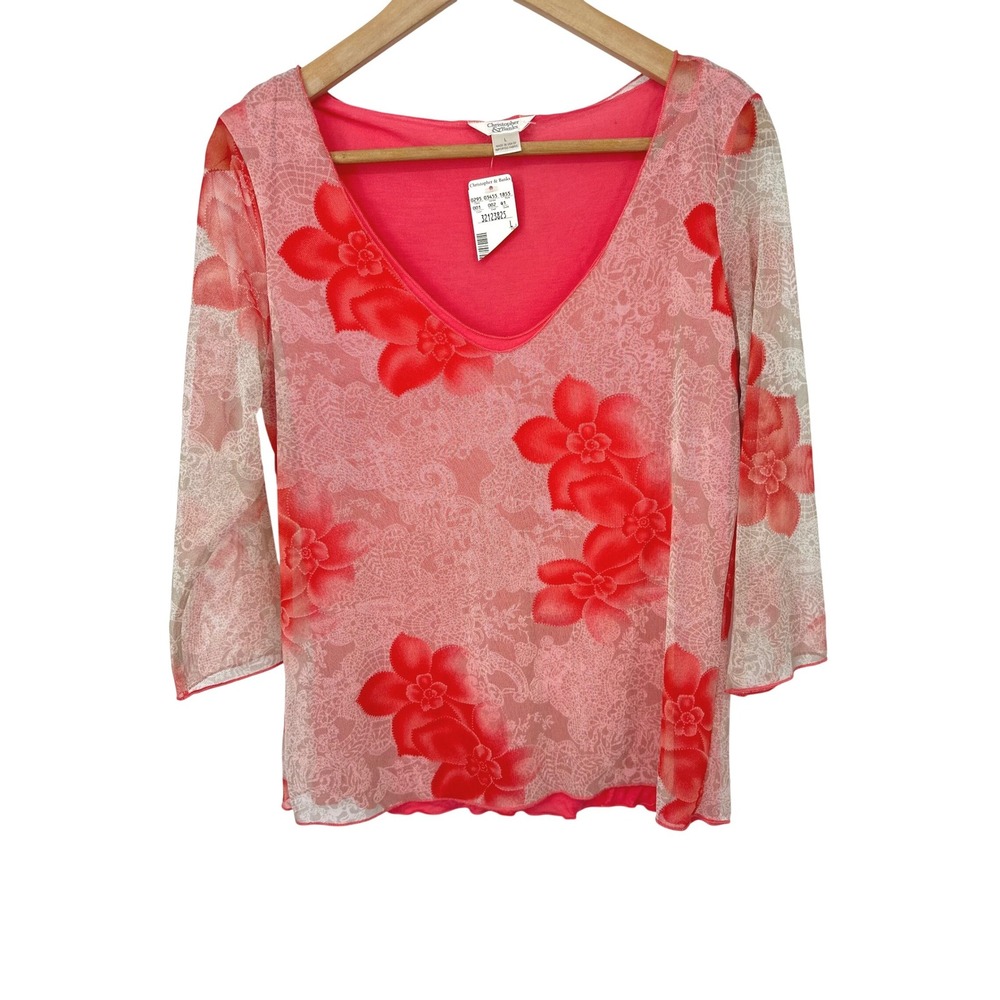 Christopher & Banks Top Women Large Pink Floral Mesh Overlay 3/4 Sleeve Romantic